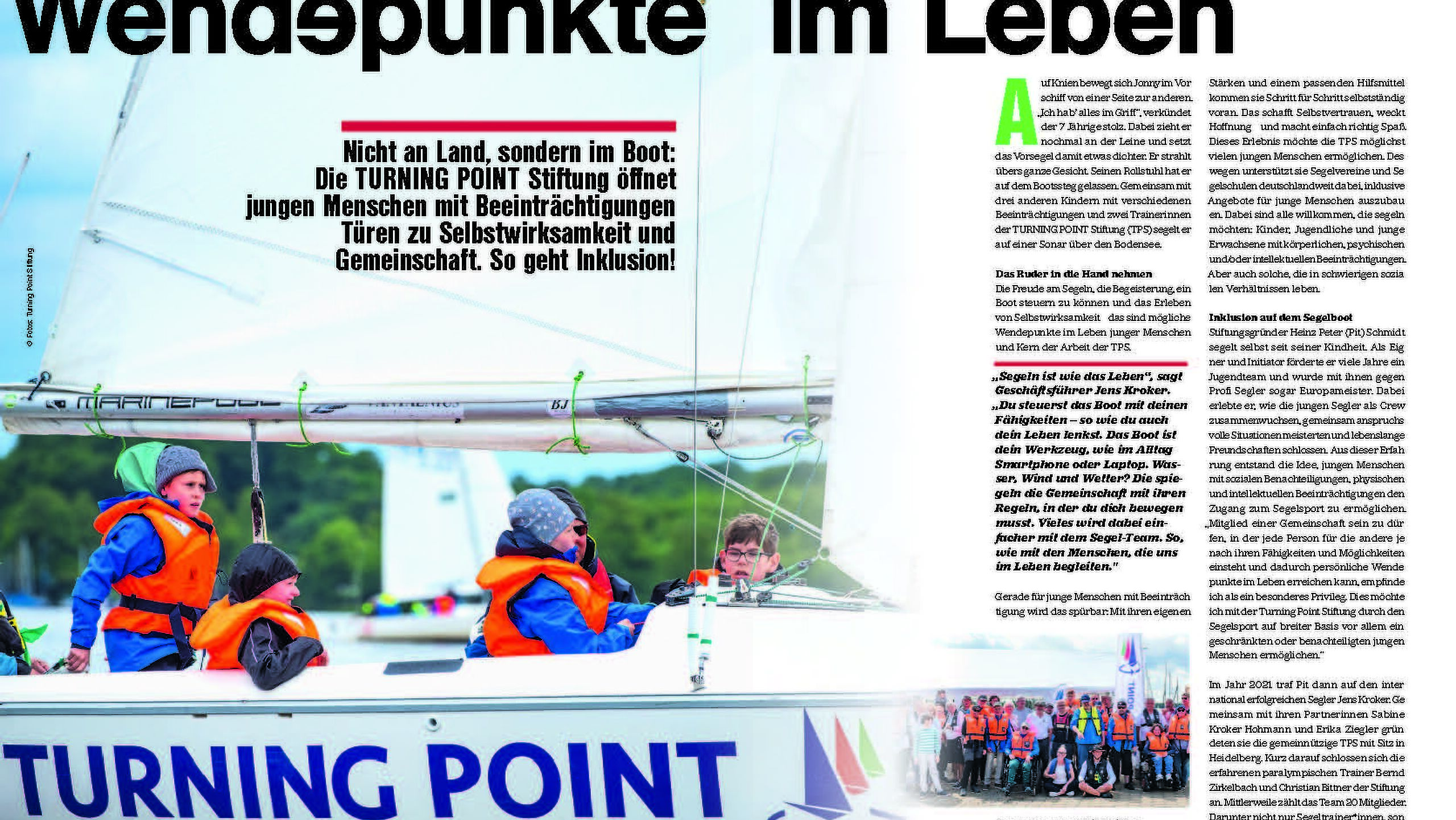 Children sitting in a sailing boat bearing the words ‘Turning Point’; the text begins next to it